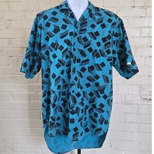 Retro 80's 90's Off Shore Men's Surf Shirt┃Turqoise Blue Geometric Print┃Collar